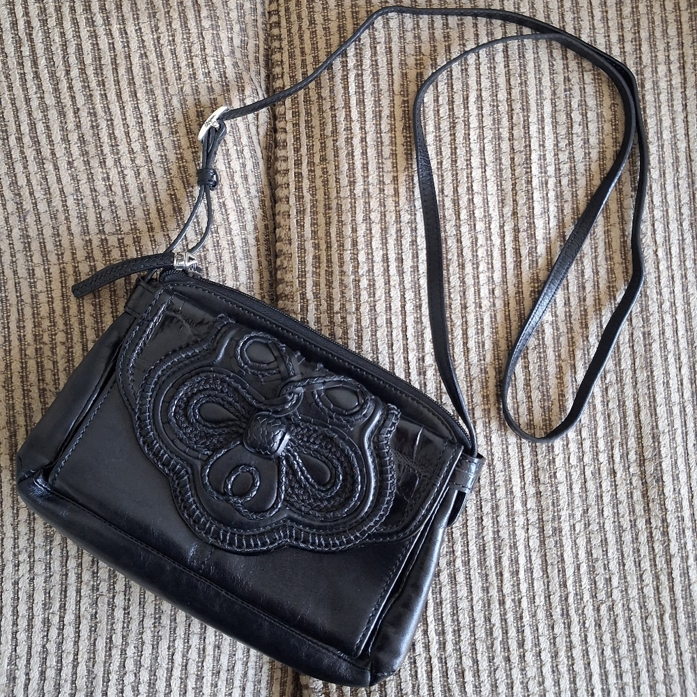 🆕BRIGHTON REGALIA Organizer Woven Braided Black Leather Croc Crossbody Bag - Picture 2 of 16